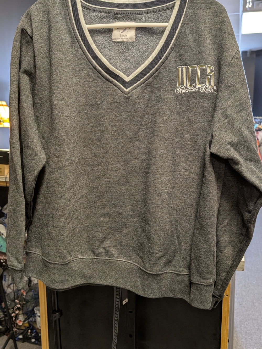 League Gray V-Neck Sweatshirt with White Trim and UCCS Logo